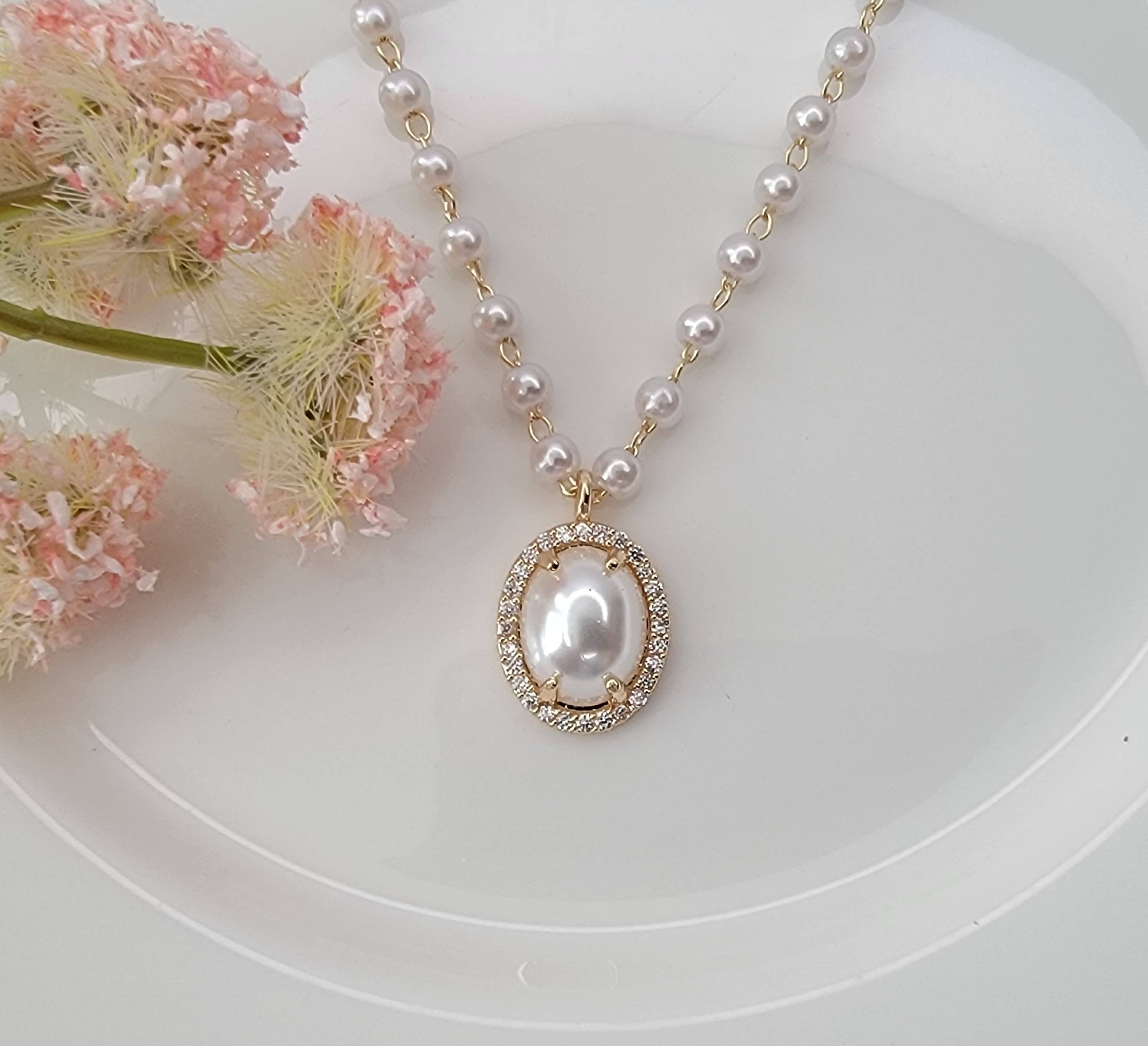 Pearl Charm w/ CZ Pendant Necklace