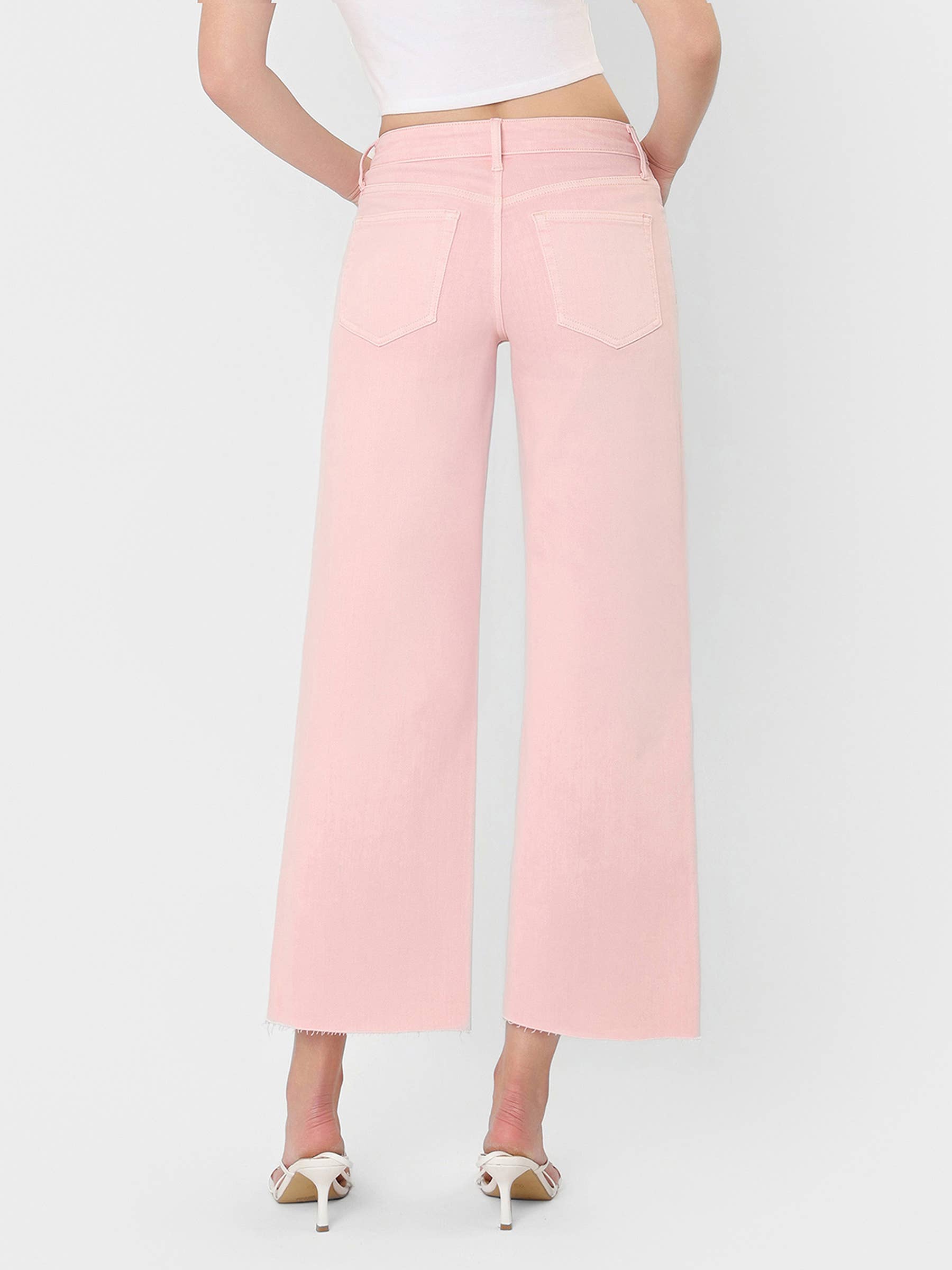 Pink Cropped Wide Leg Jeans
