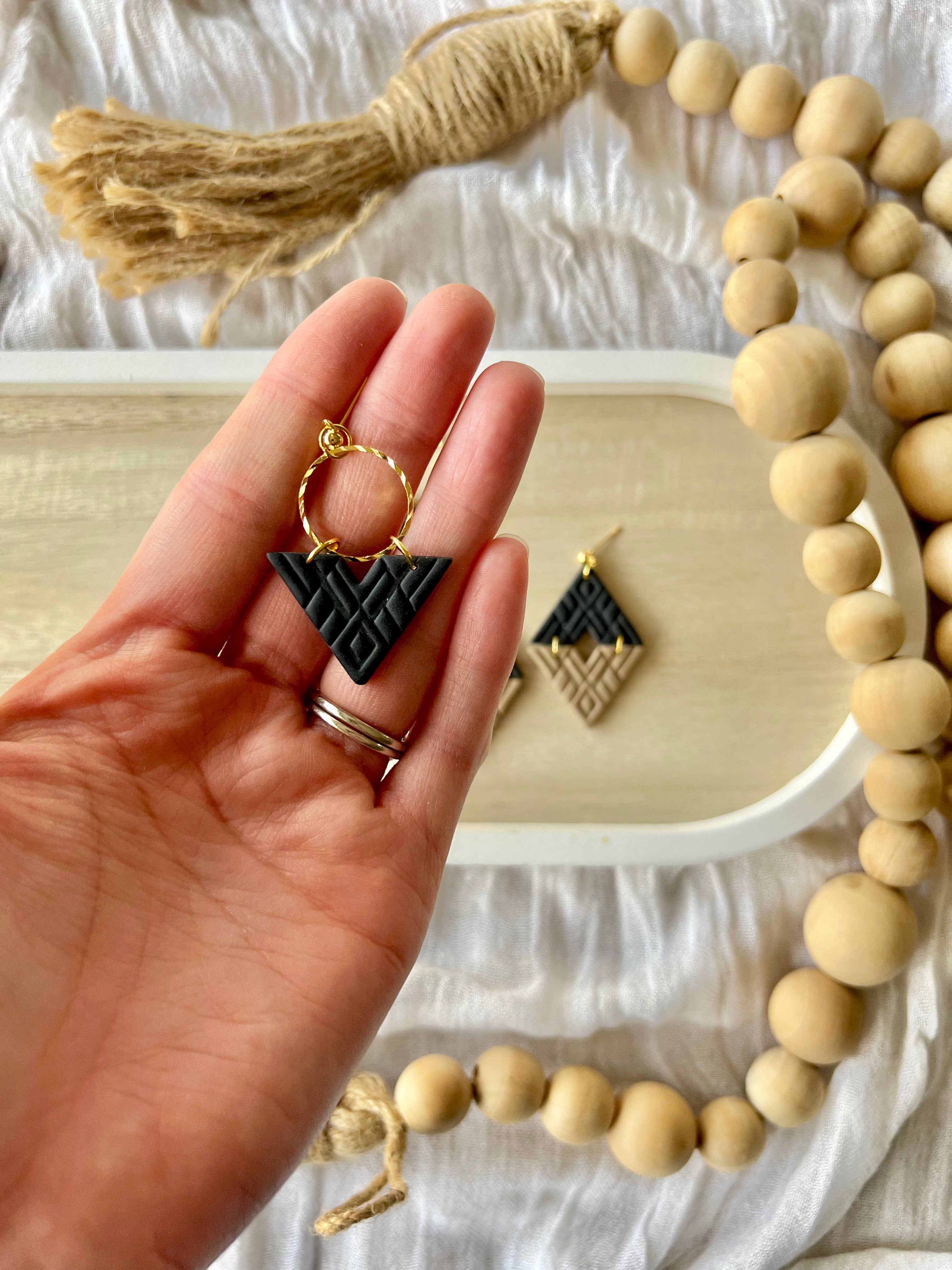 Black Boho Chevron Clay Earrings