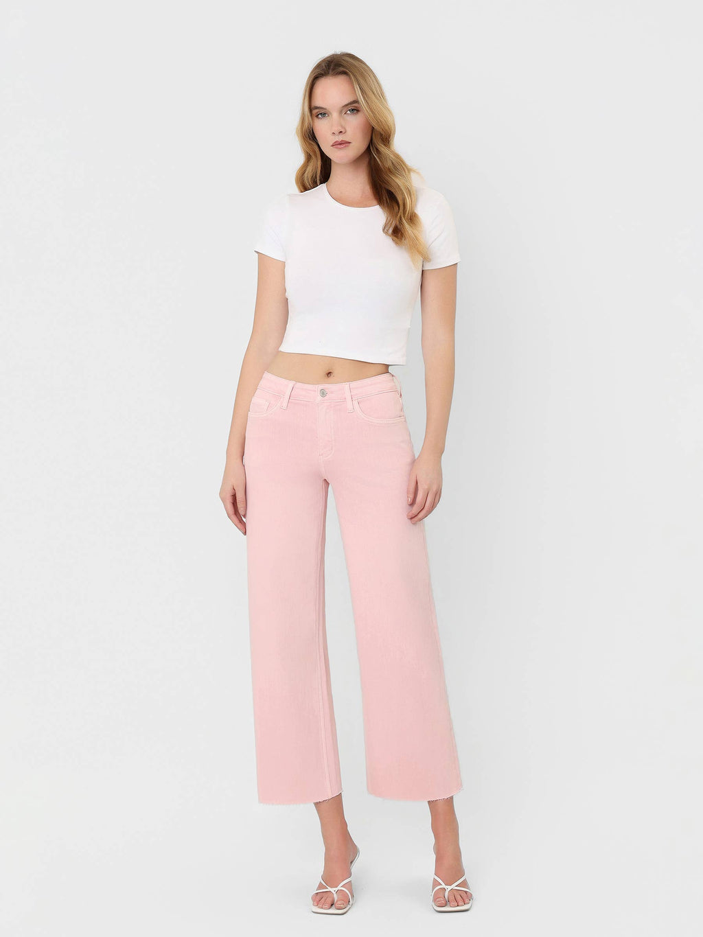 Pink Cropped Wide Leg Jeans