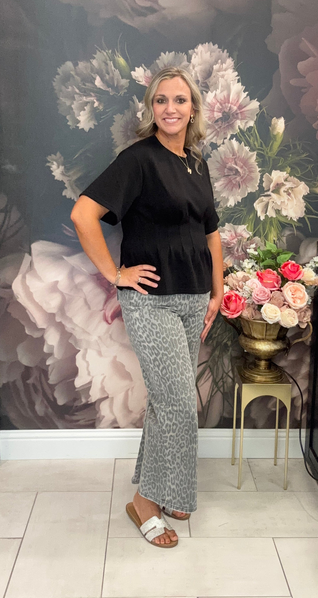 Gray Leopard Crop Wide Leg Jeans