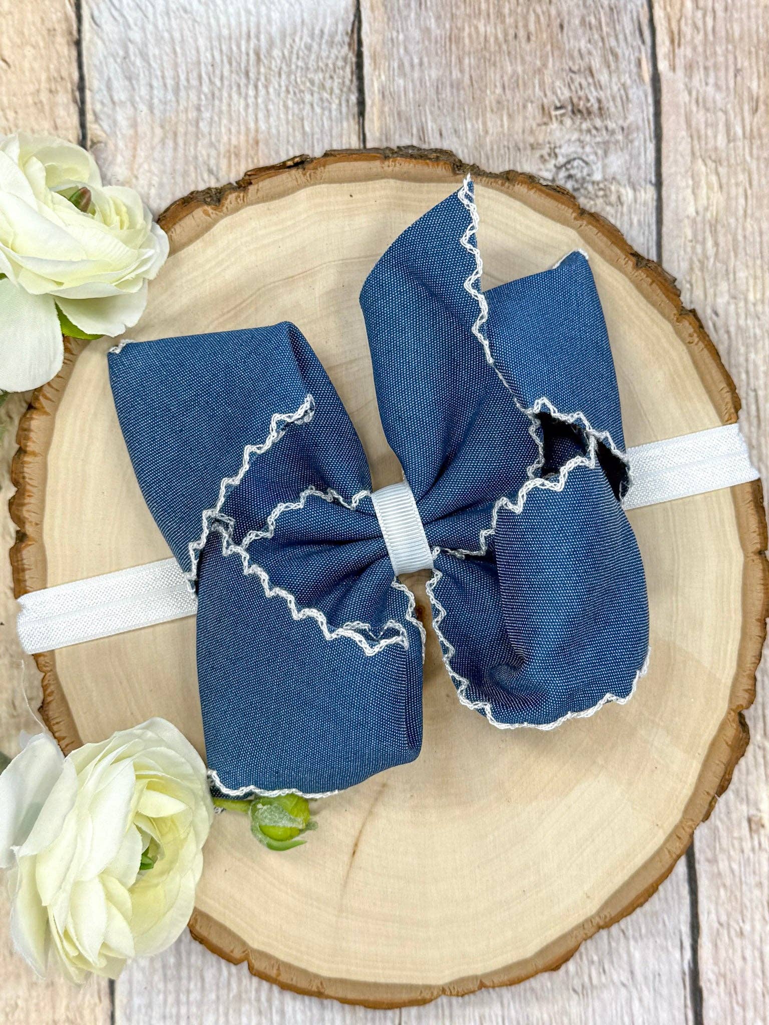 Denim Moonstitch Hair Bow | Clip or Headband