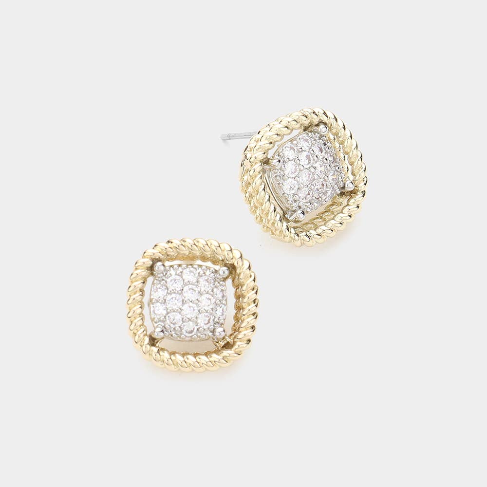 CZ Embellished Curved Square Stud Earrings