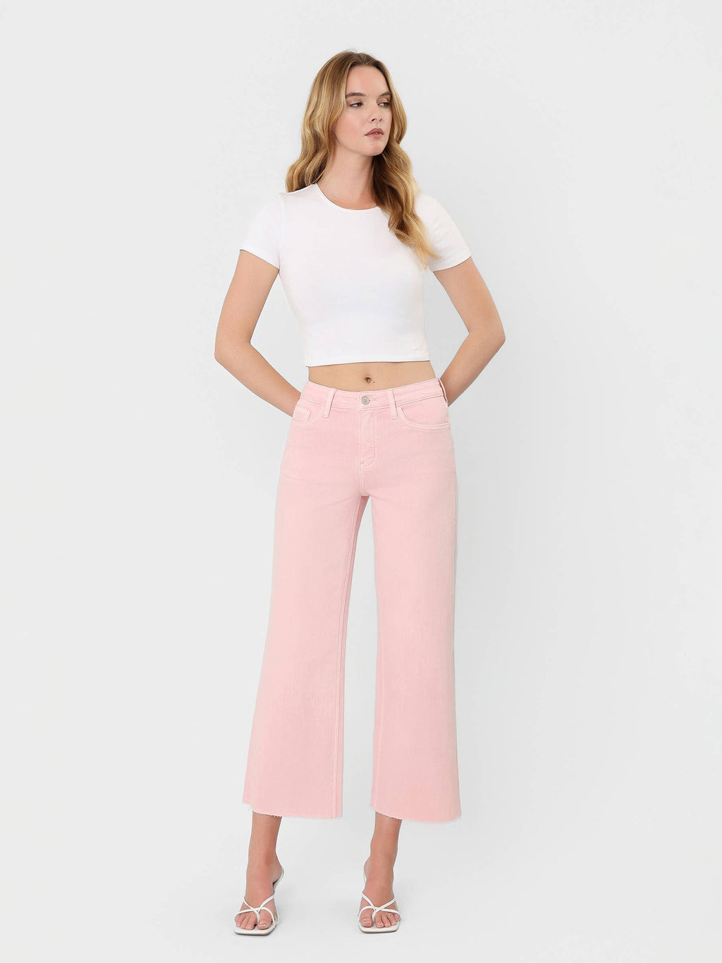 Pink Cropped Wide Leg Jeans