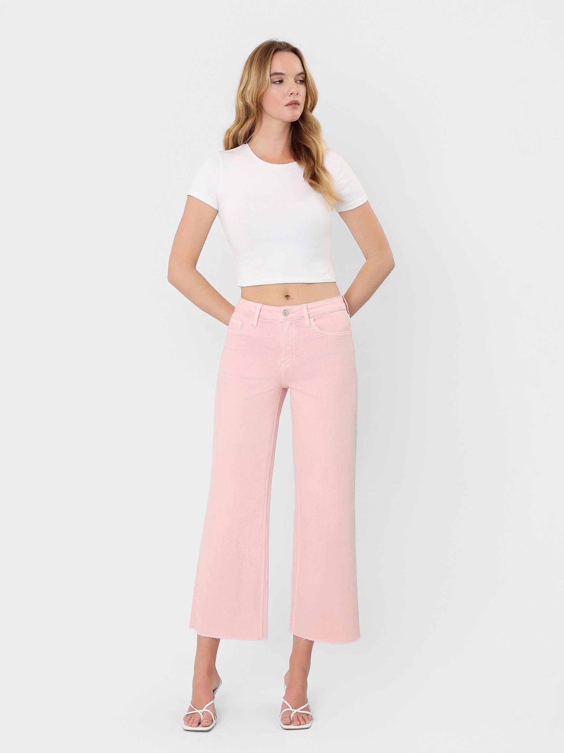 Pink Cropped Wide Leg Jeans