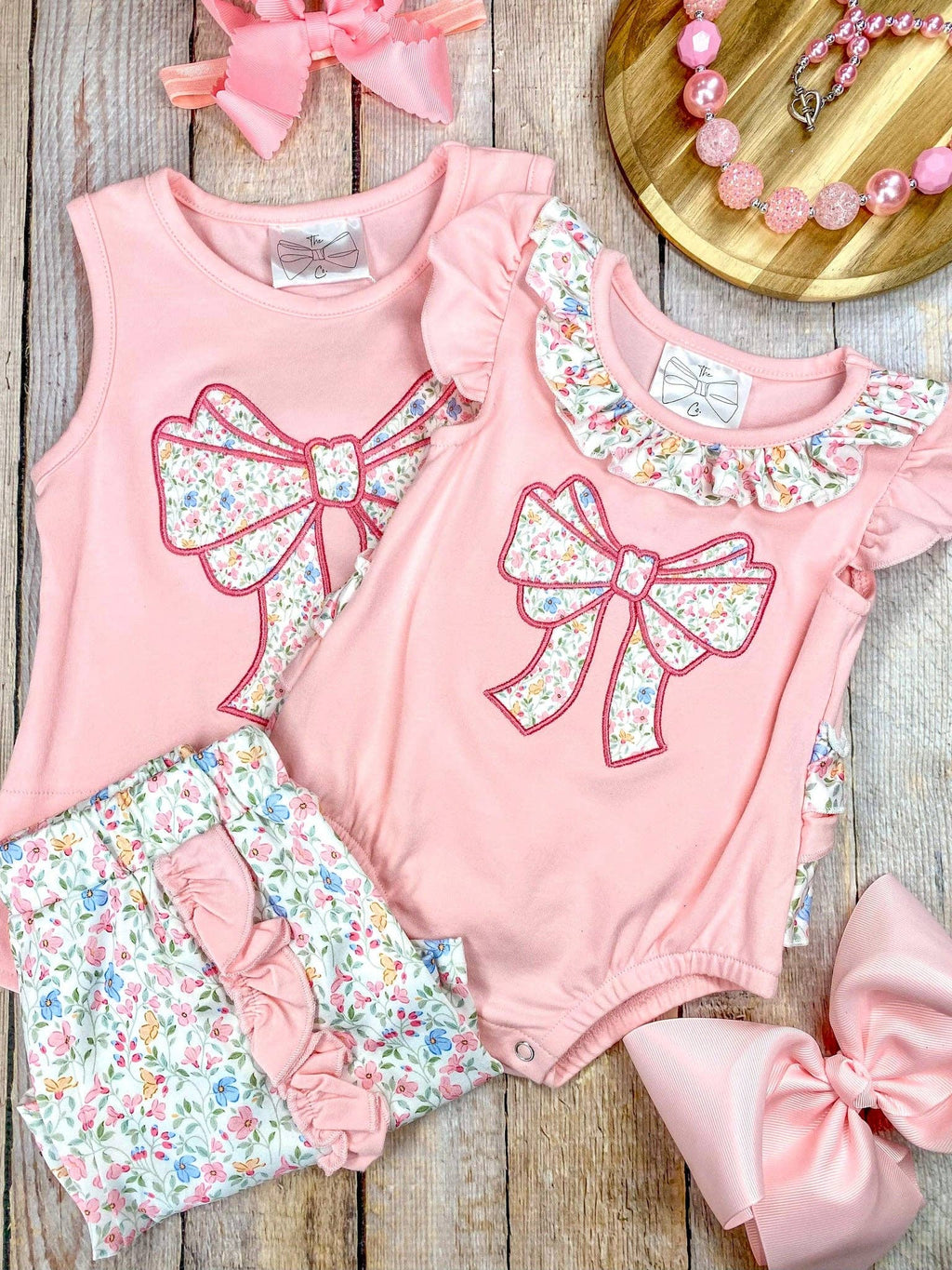 Pink Floral Bow Applique Set