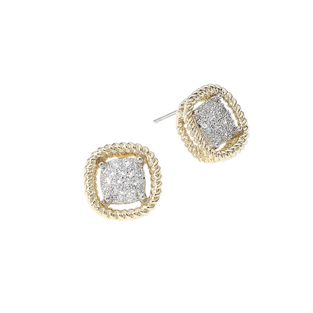 CZ Embellished Curved Square Stud Earrings
