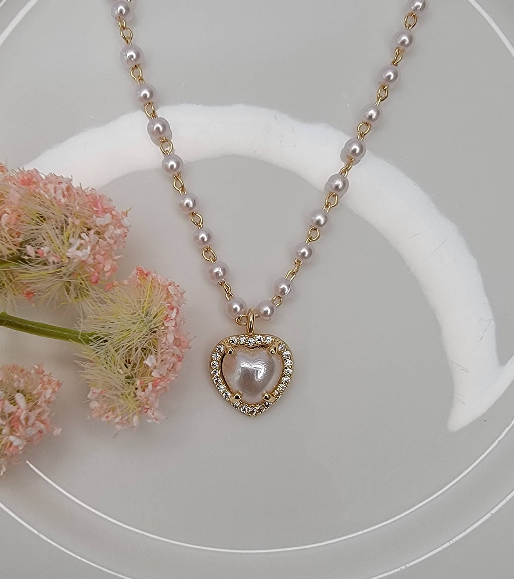 Pearl Charm w/ CZ Pendant Necklace