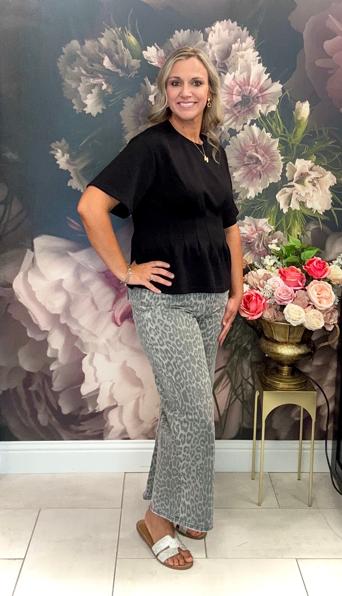 Gray Leopard Crop Wide Leg Jeans