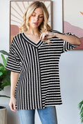 SS Jacquard Stripe V-Neck Top | Black/Cream