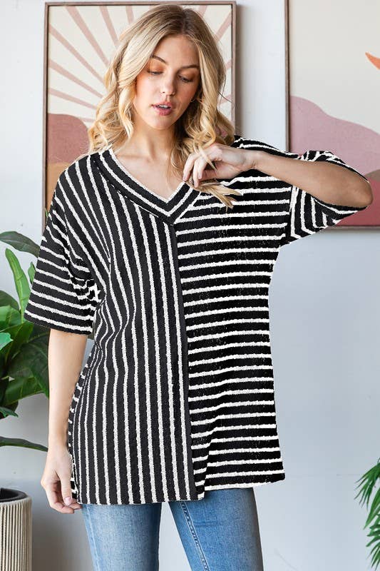 SS Jacquard Stripe V-Neck Top | Black/Cream