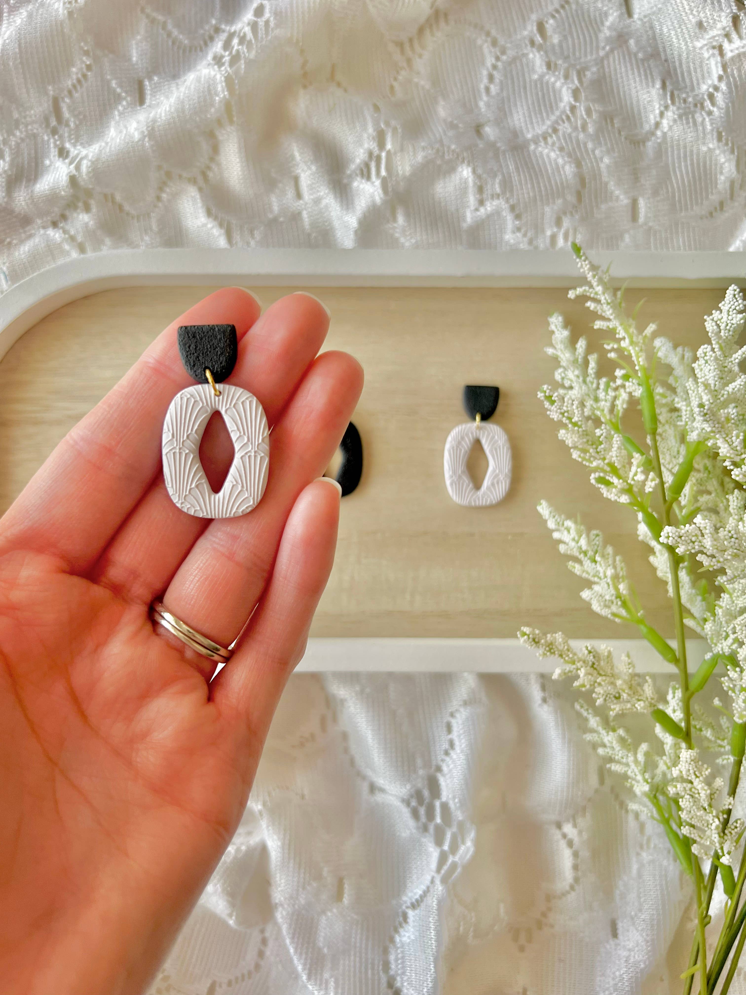 Black/White Woven Pattern Clay Earrings