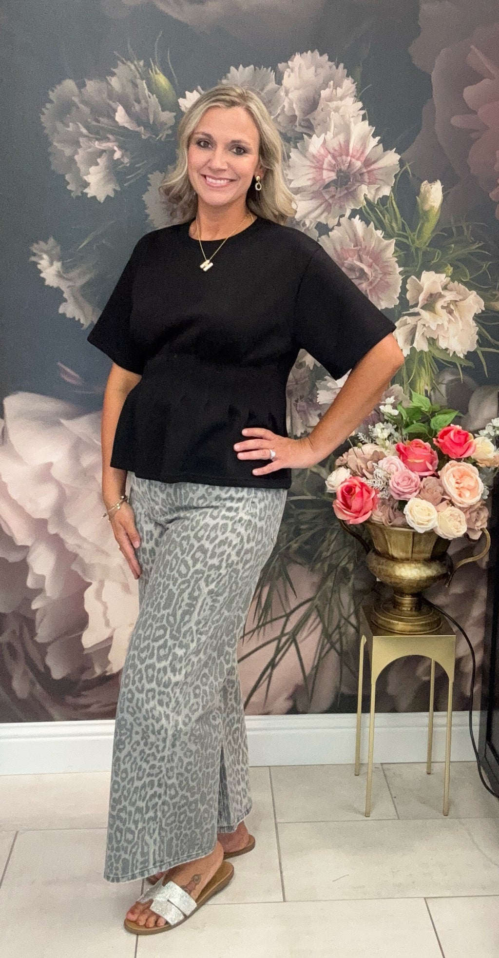 Gray Leopard Crop Wide Leg Jeans