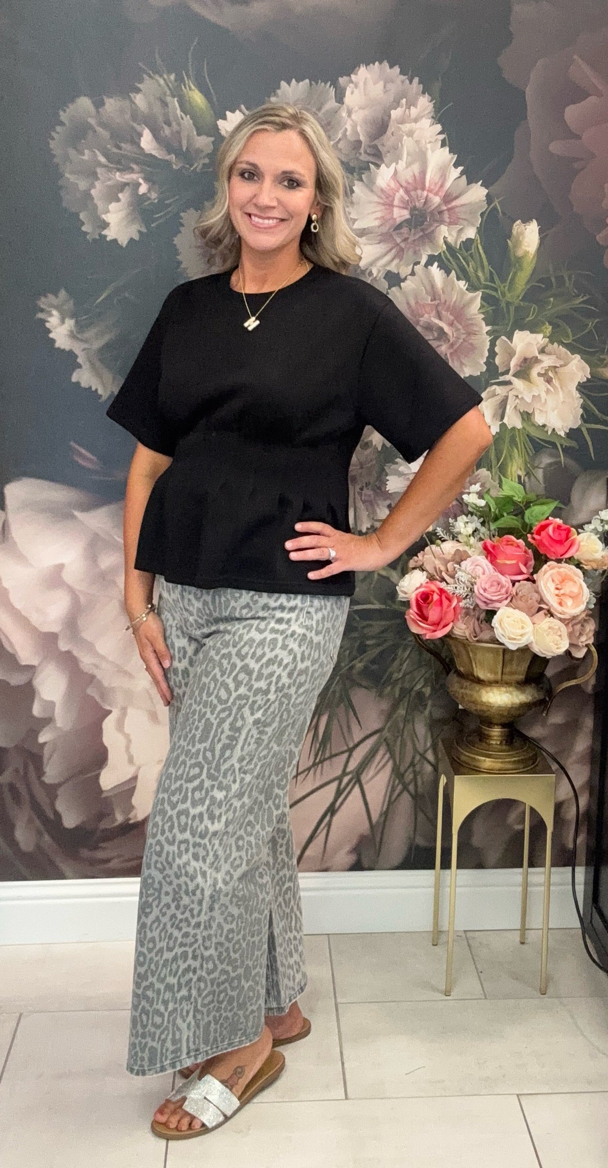 Gray Leopard Crop Wide Leg Jeans