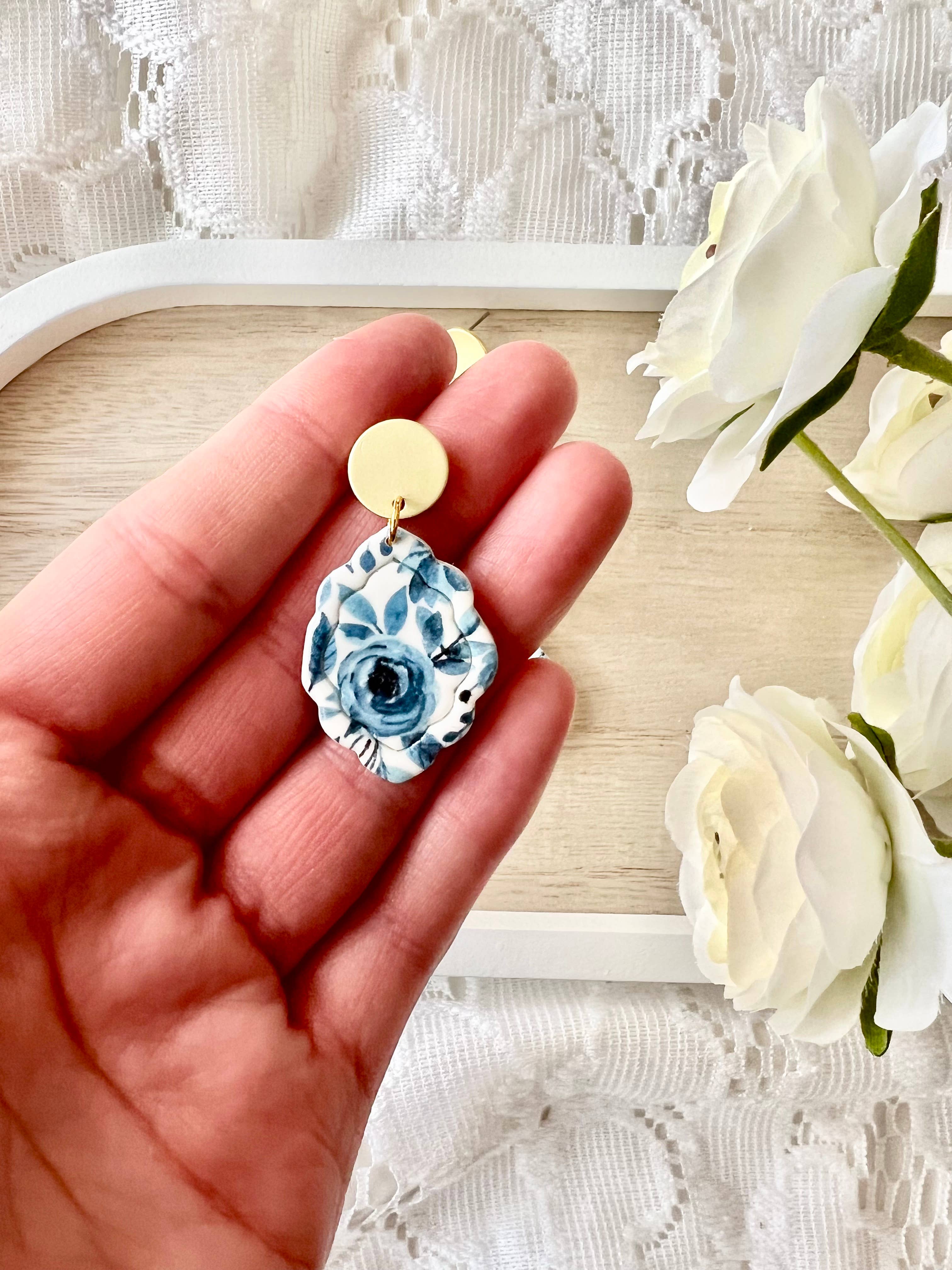Blue Floral Clay Earrings