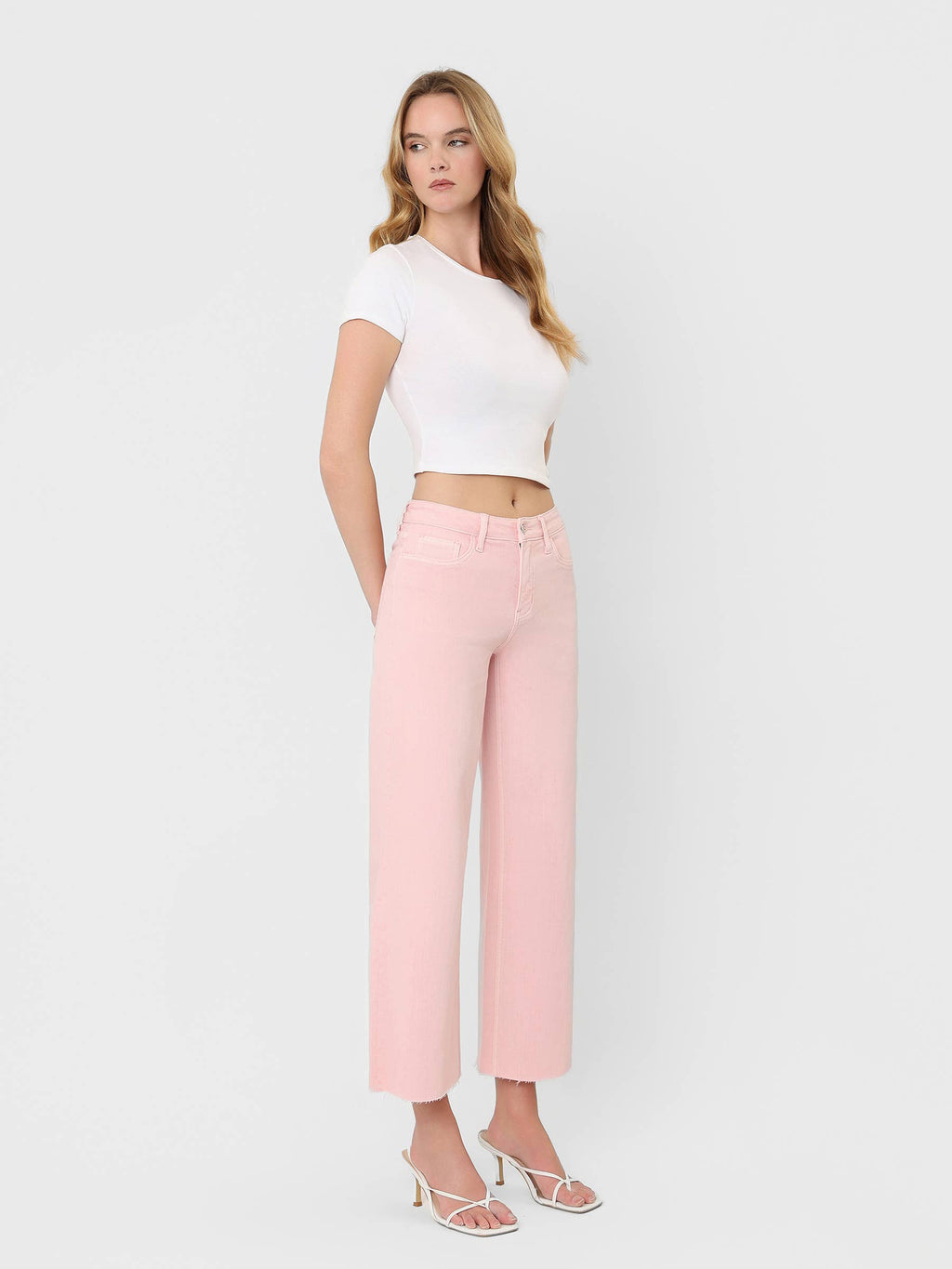 Pink Cropped Wide Leg Jeans
