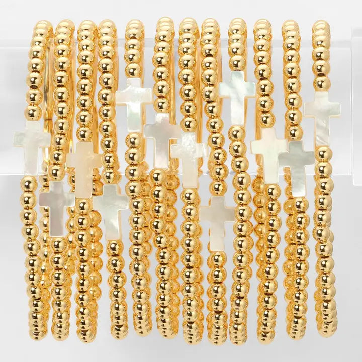 Gold Beaded Bracelet w/ Cross