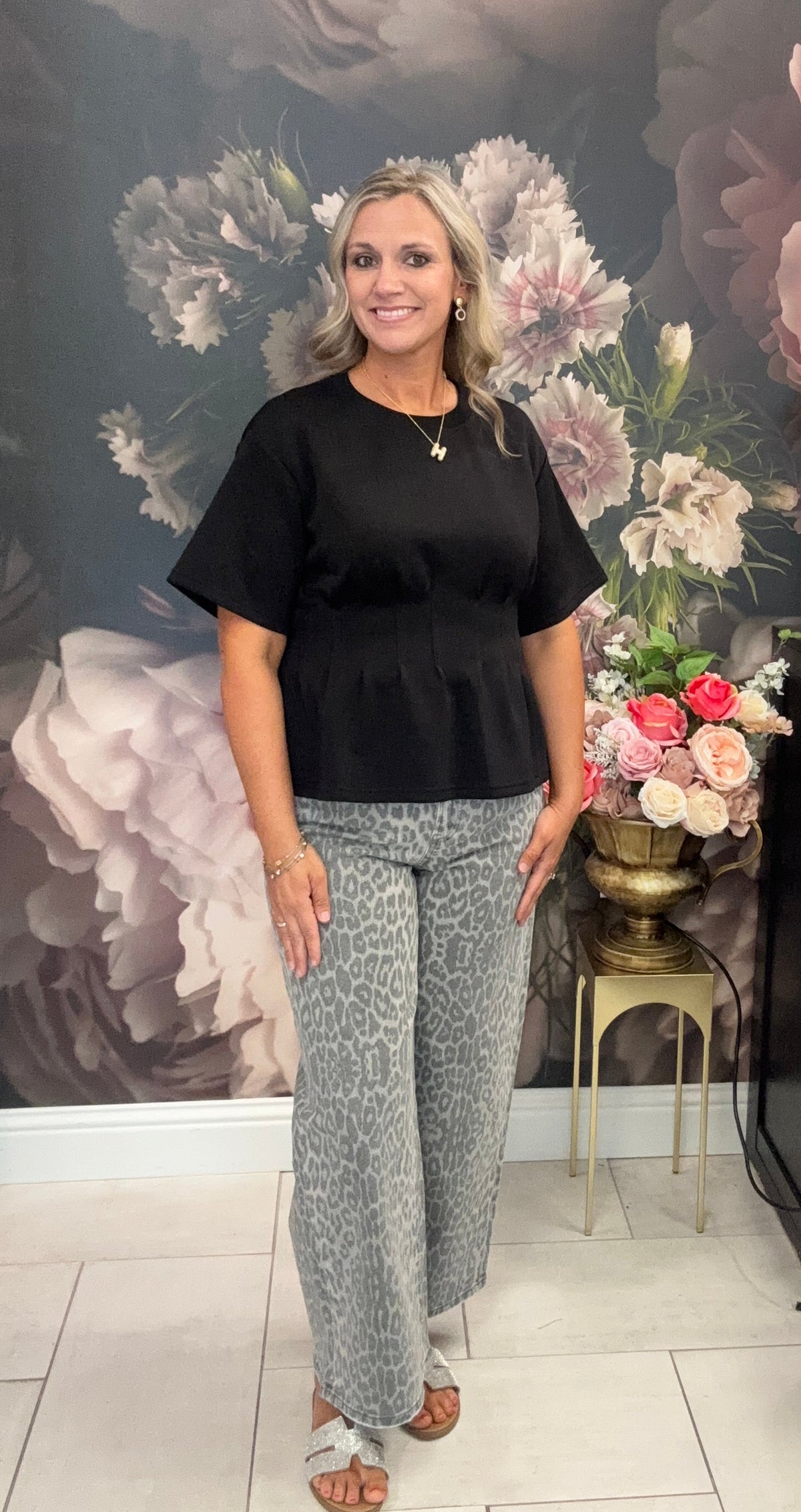 Gray Leopard Crop Wide Leg Jeans