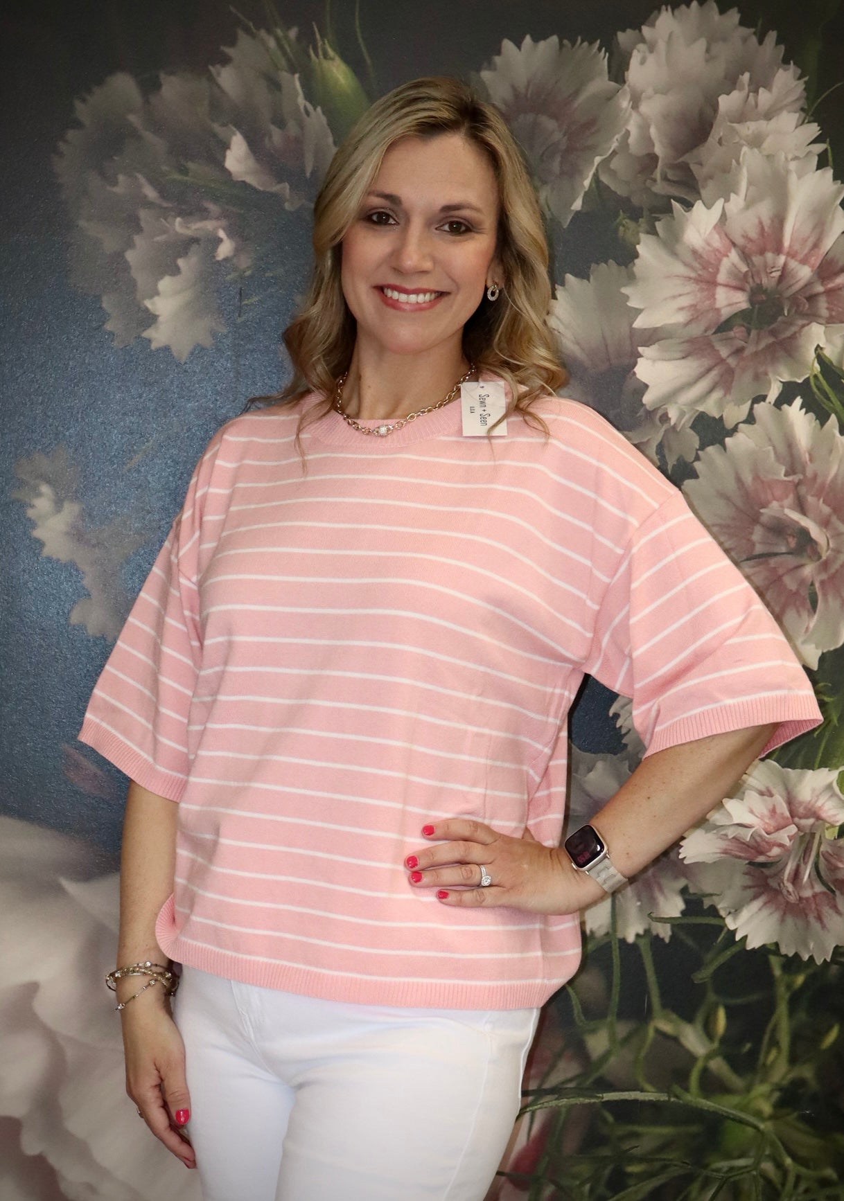 Oversized Pink Striped Knit SS Top