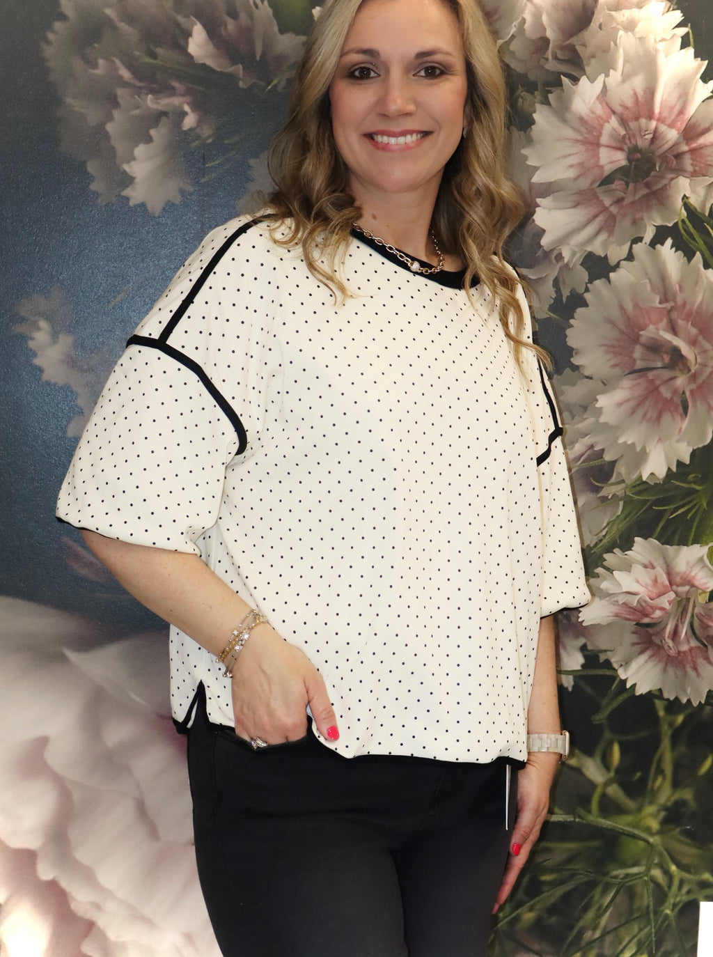 Polka Dot Contrast Trim Top | Cream