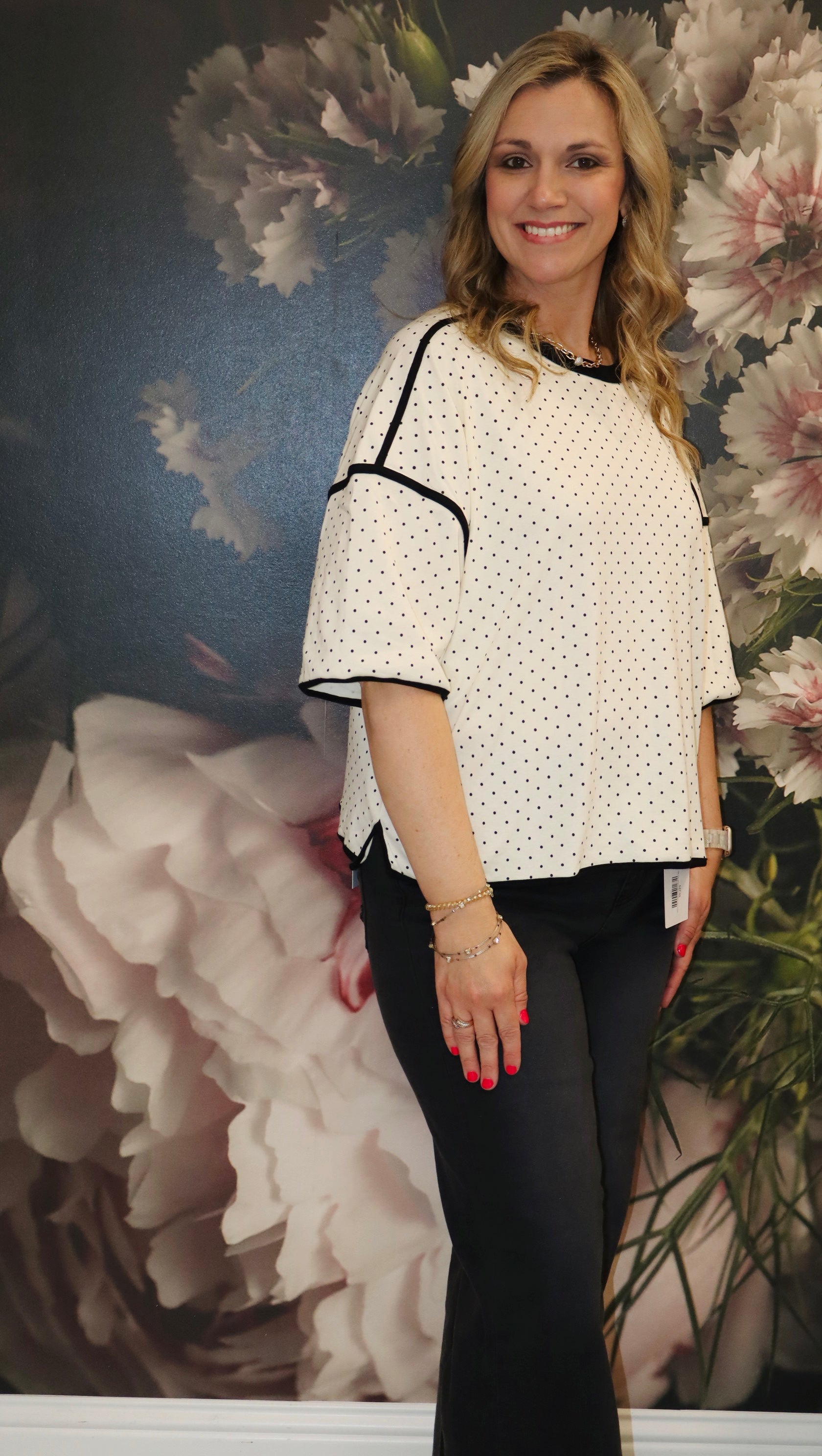 Polka Dot Contrast Trim Top | Cream