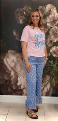 Polka Dot Flared Ruffle Cotton Denim Pants