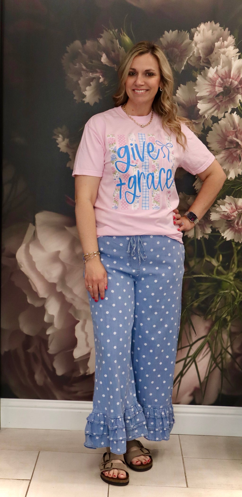 Polka Dot Flared Ruffle Cotton Denim Pants