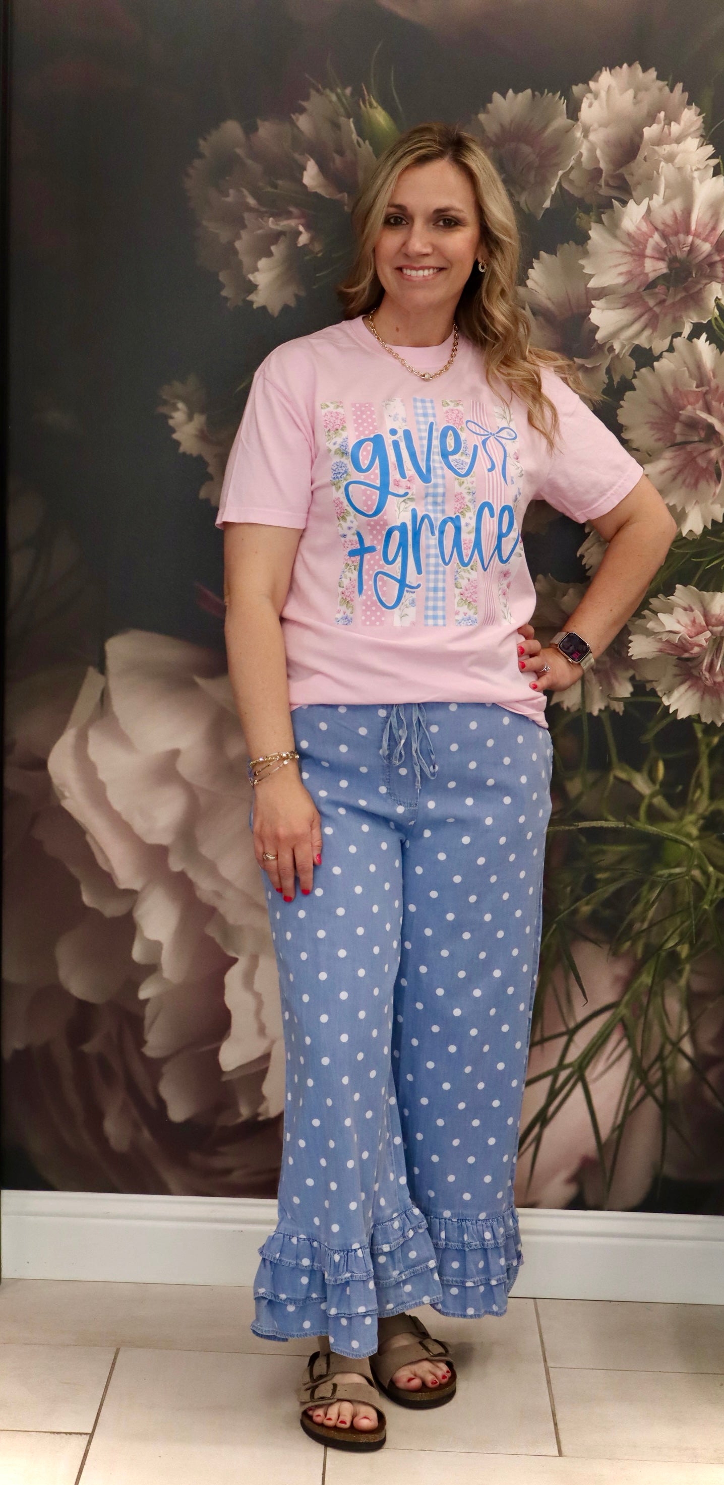 Polka Dot Flared Ruffle Cotton Denim Pants