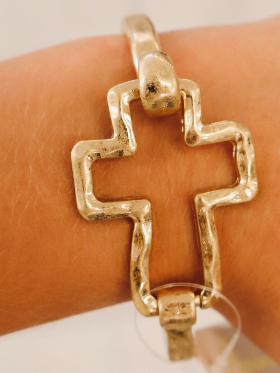 Hammered Open Metal Cross Hook Bracelet