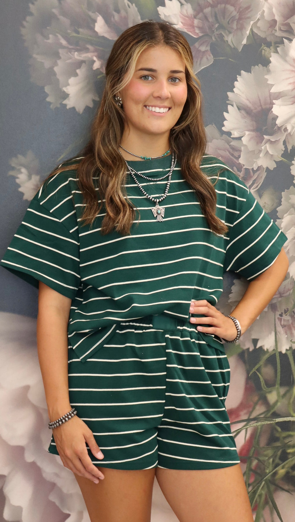 Green Striped 2 PC Short Set