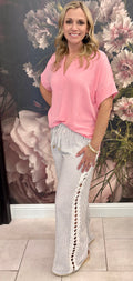 Striped Linen Pants W/ Crochet Accent
