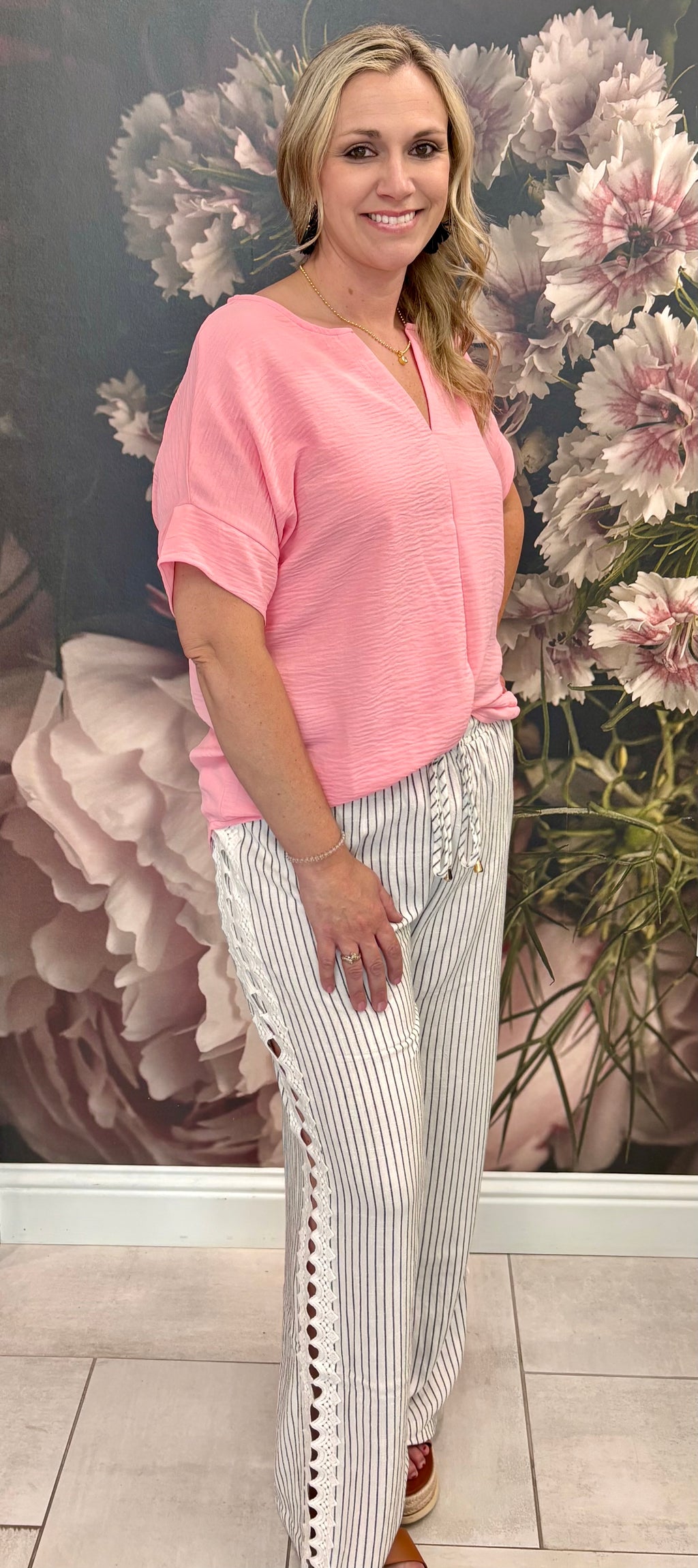 Striped Linen Pants W/ Crochet Accent