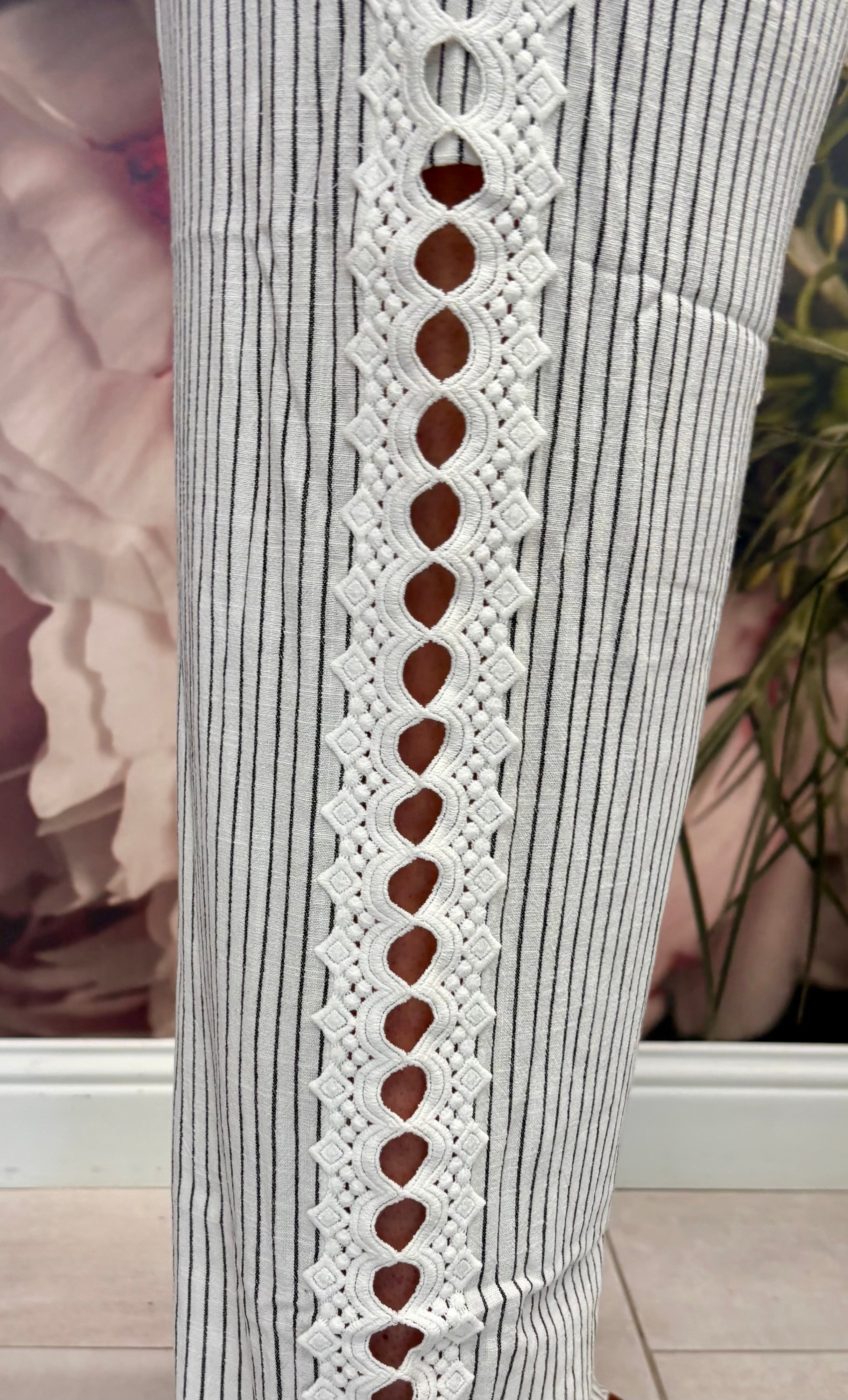Striped Linen Pants W/ Crochet Accent