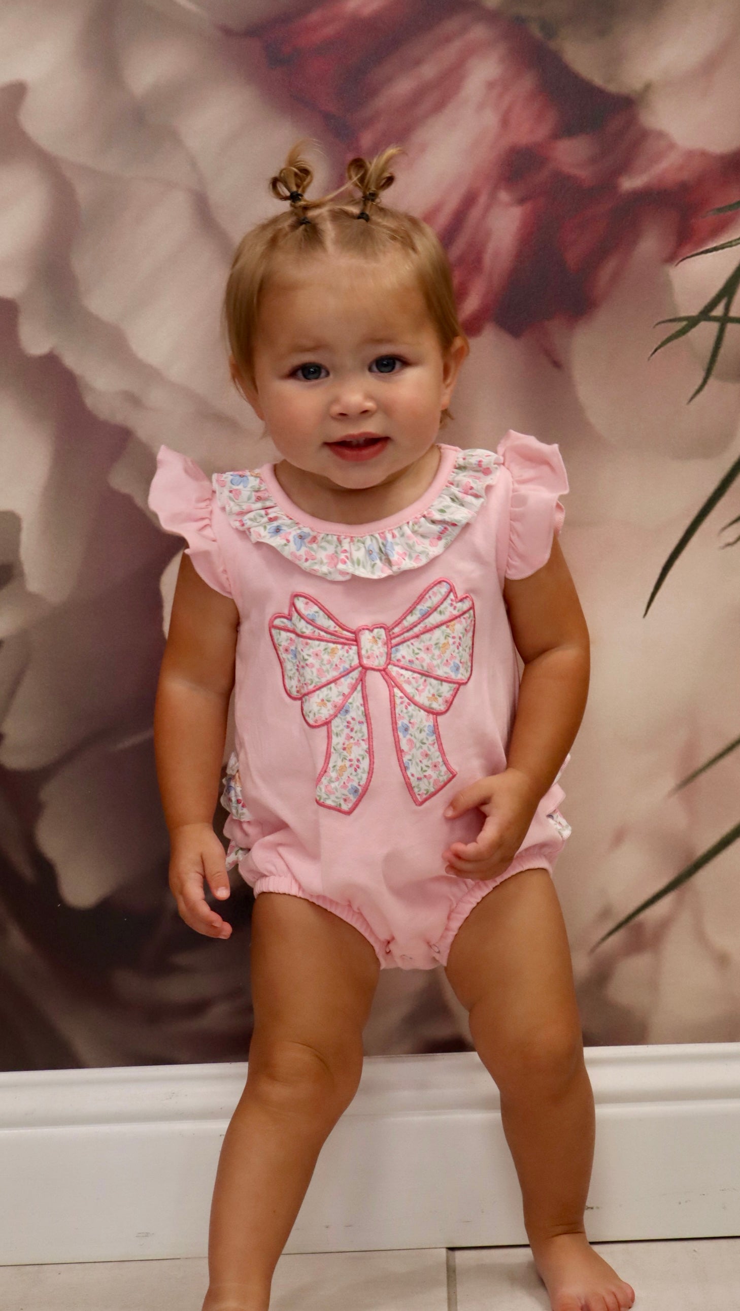 Pink Floral Bow Applique Outfit