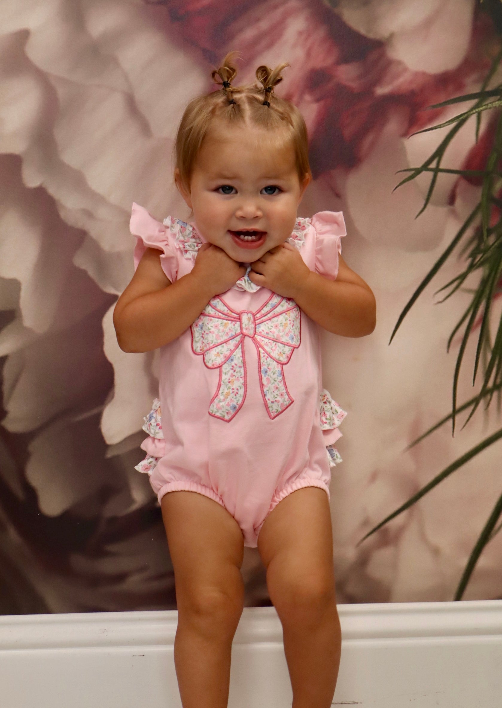 Pink Floral Bow Applique Outfit