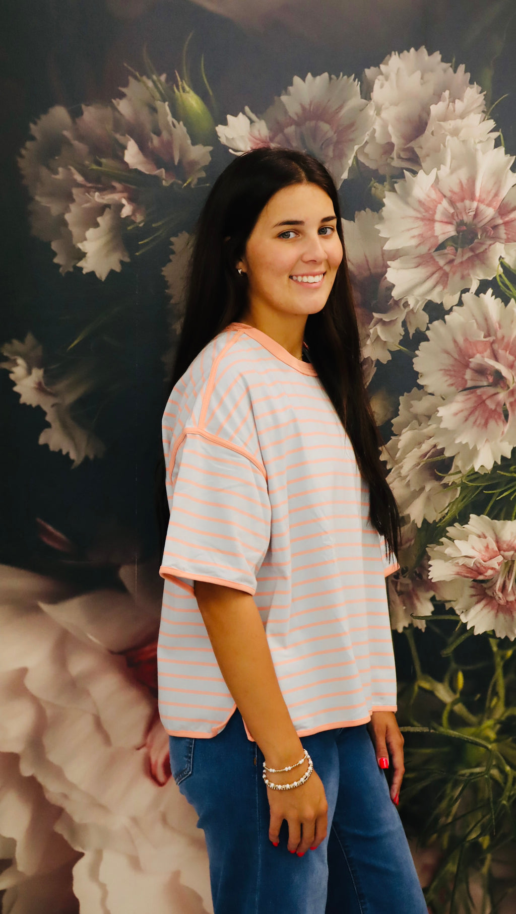 Dusty Blue/Apricot Striped Knit Tee