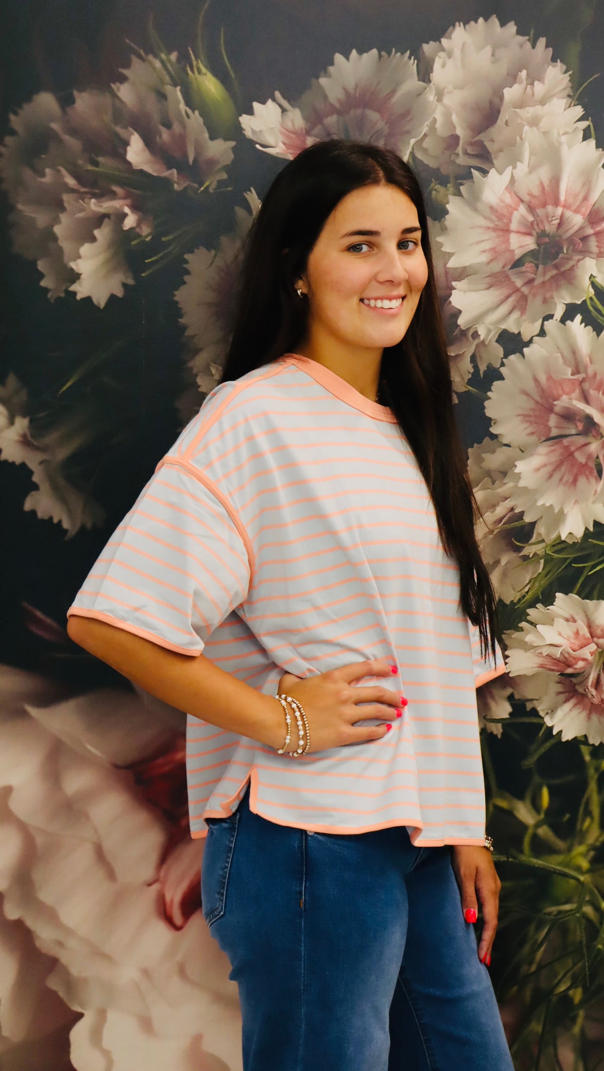 Dusty Blue/Apricot Striped Knit Tee