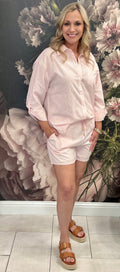 Pink Striped Cotton Blend Shorts
