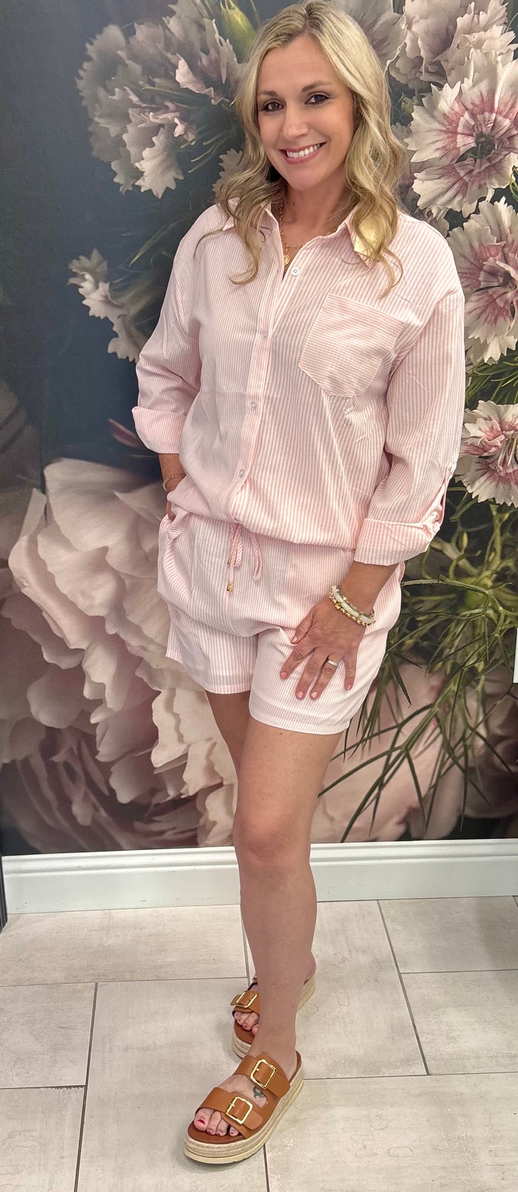 Pink Striped Cotton Blend Shorts
