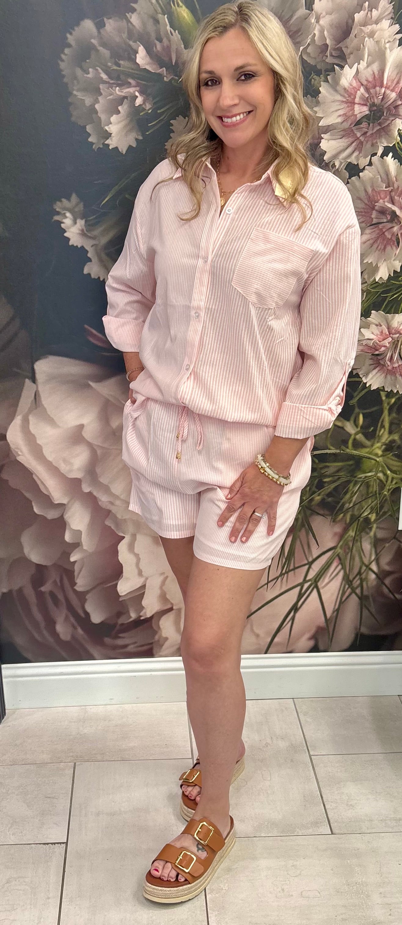 Pink Striped Cotton Blend Shorts