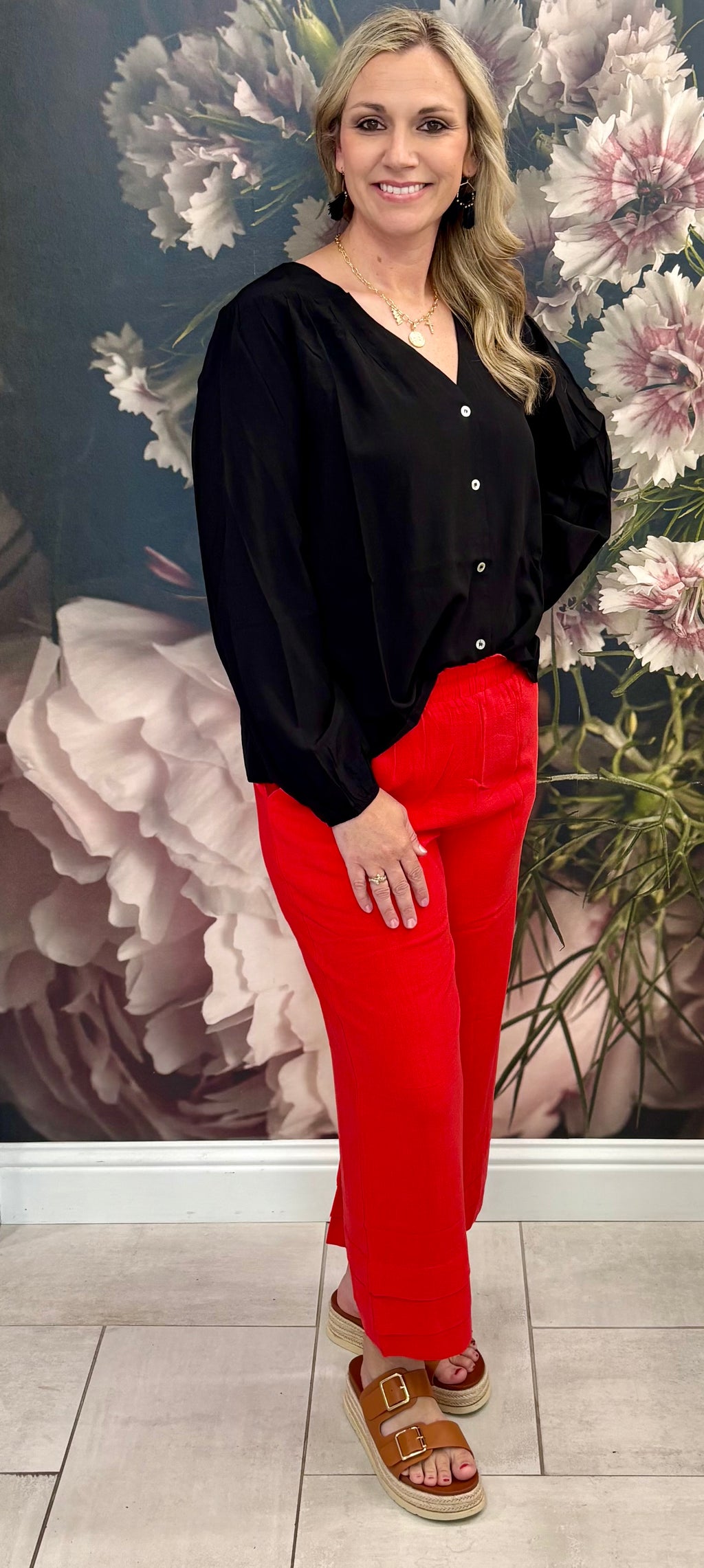 Red Tiered Hem Cropped Pants