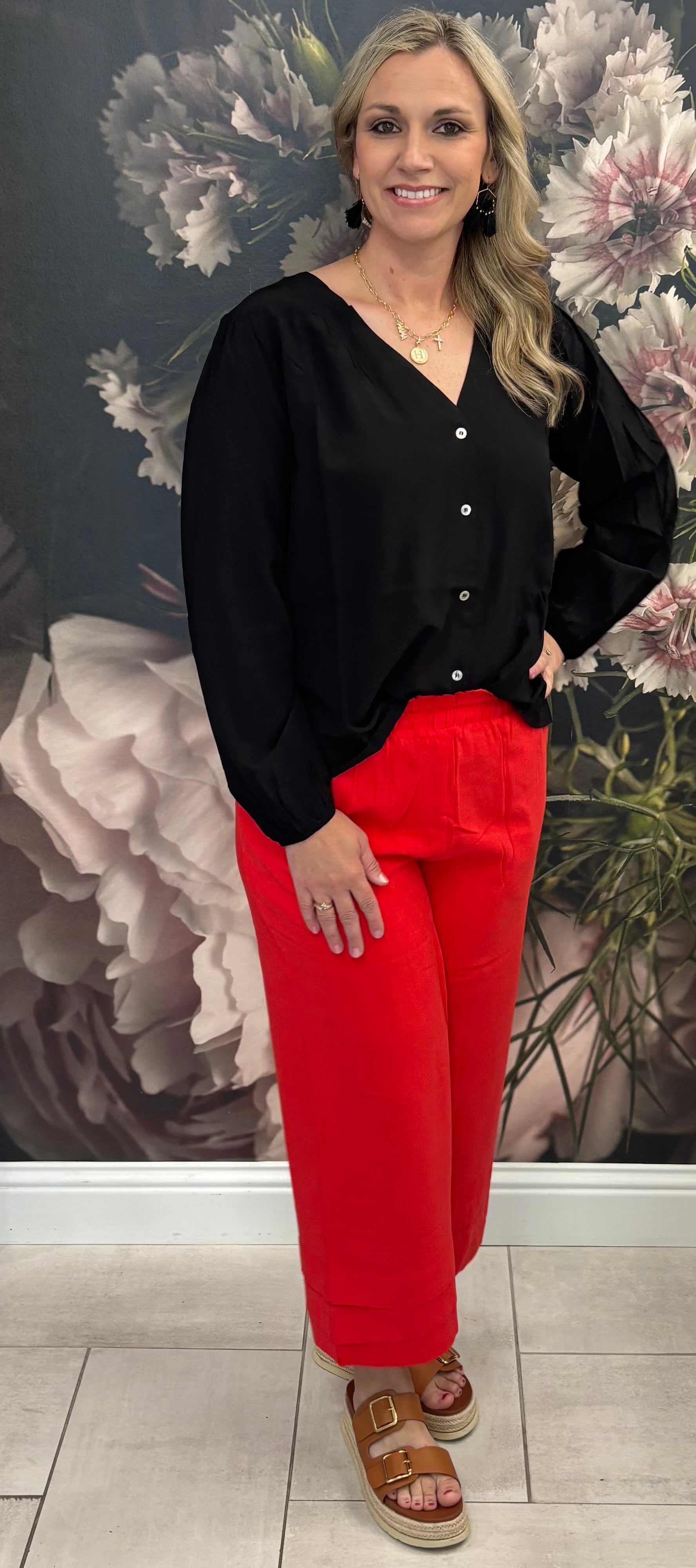 Red Tiered Hem Cropped Pants