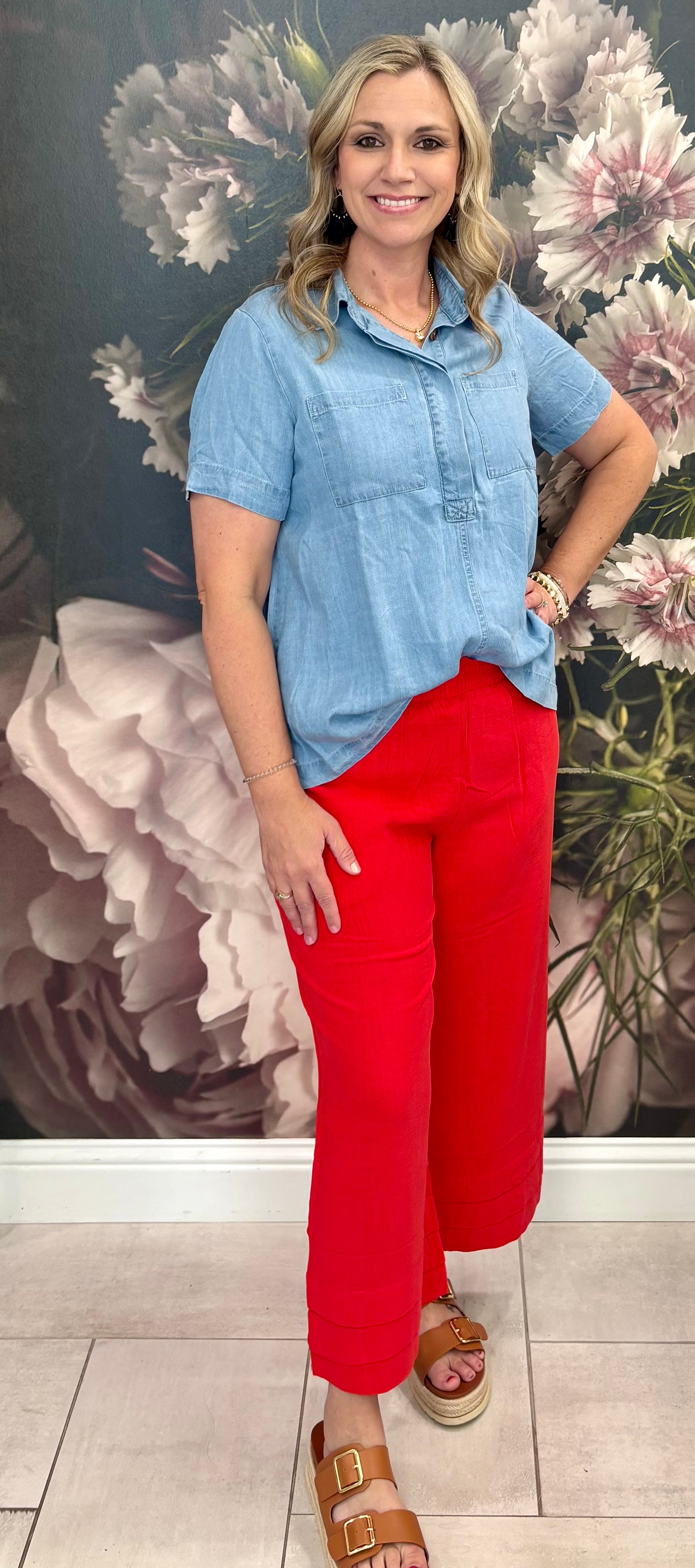 Denim Half Button Down Pocket Top