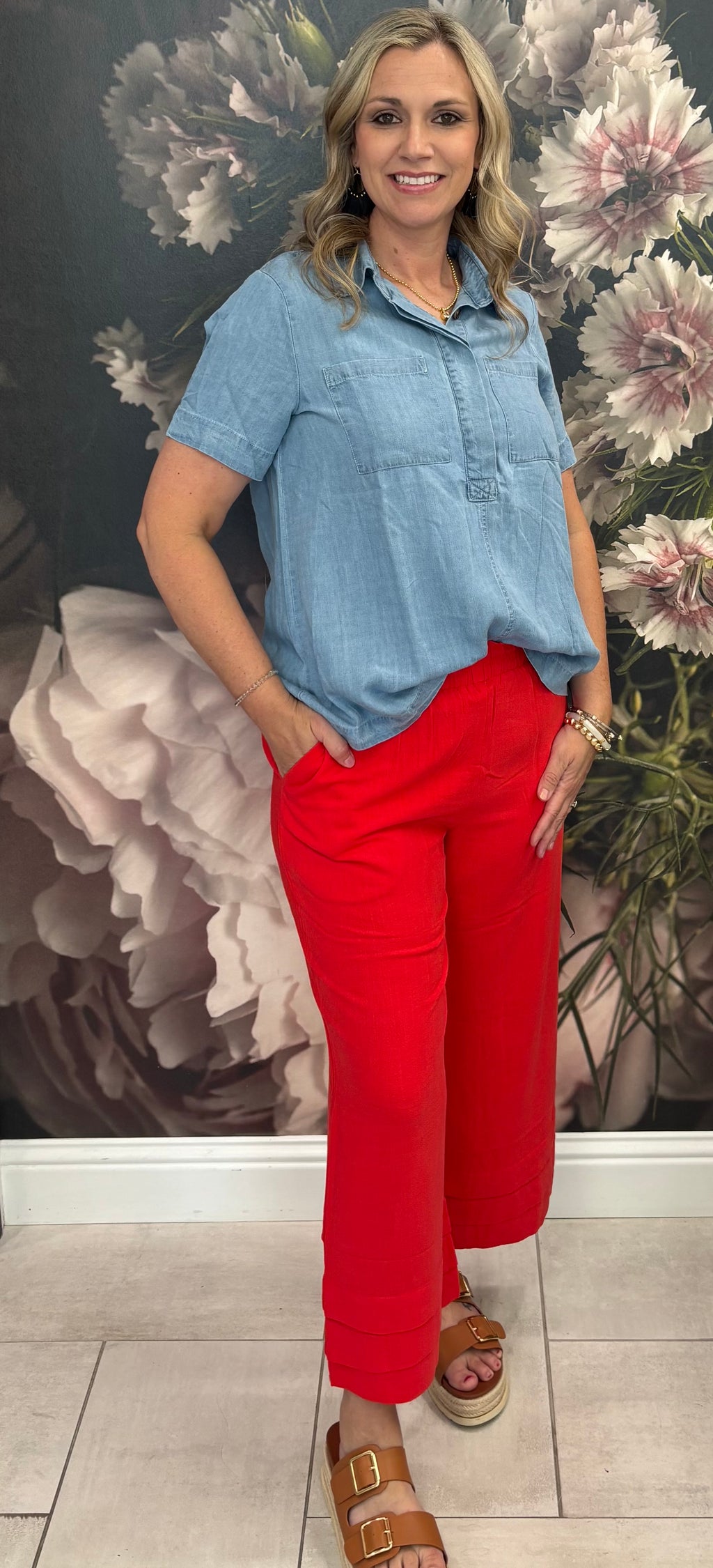 Denim Half Button Down Pocket Top