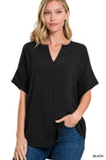 Zenana Airflow Collared V-Neck SS Top | Black
