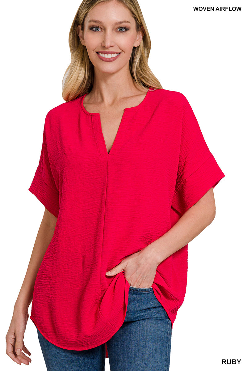 Zenana Airflow Collared V-Neck SS Top | Ruby