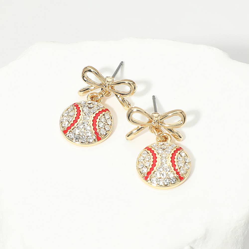 Gold Dipped Bow Rhinestone Pave Baseball Drop Dangle Earrings