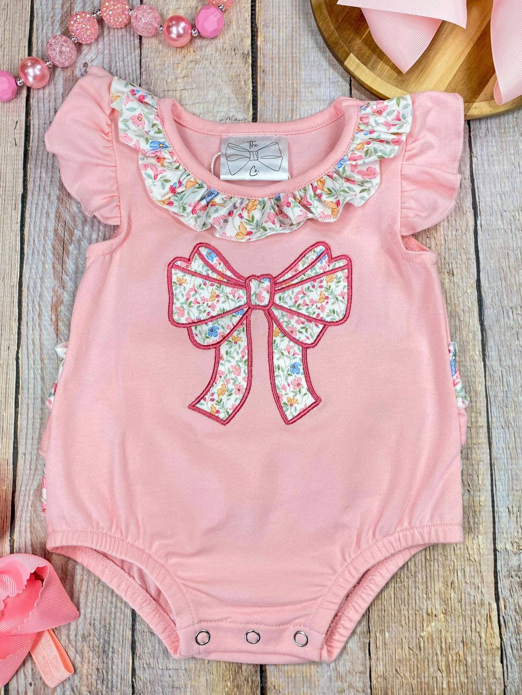 Pink Floral Bow Applique Outfit