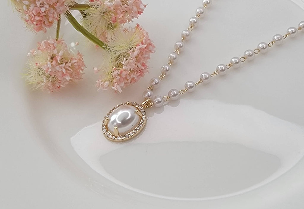 Pearl Charm w/ CZ Pendant Necklace