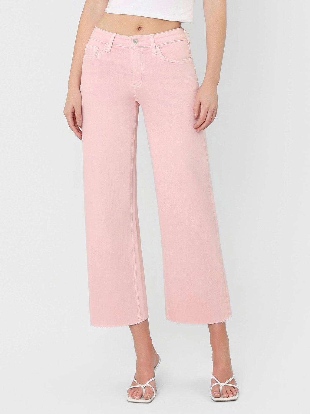 Pink Cropped Wide Leg Jeans